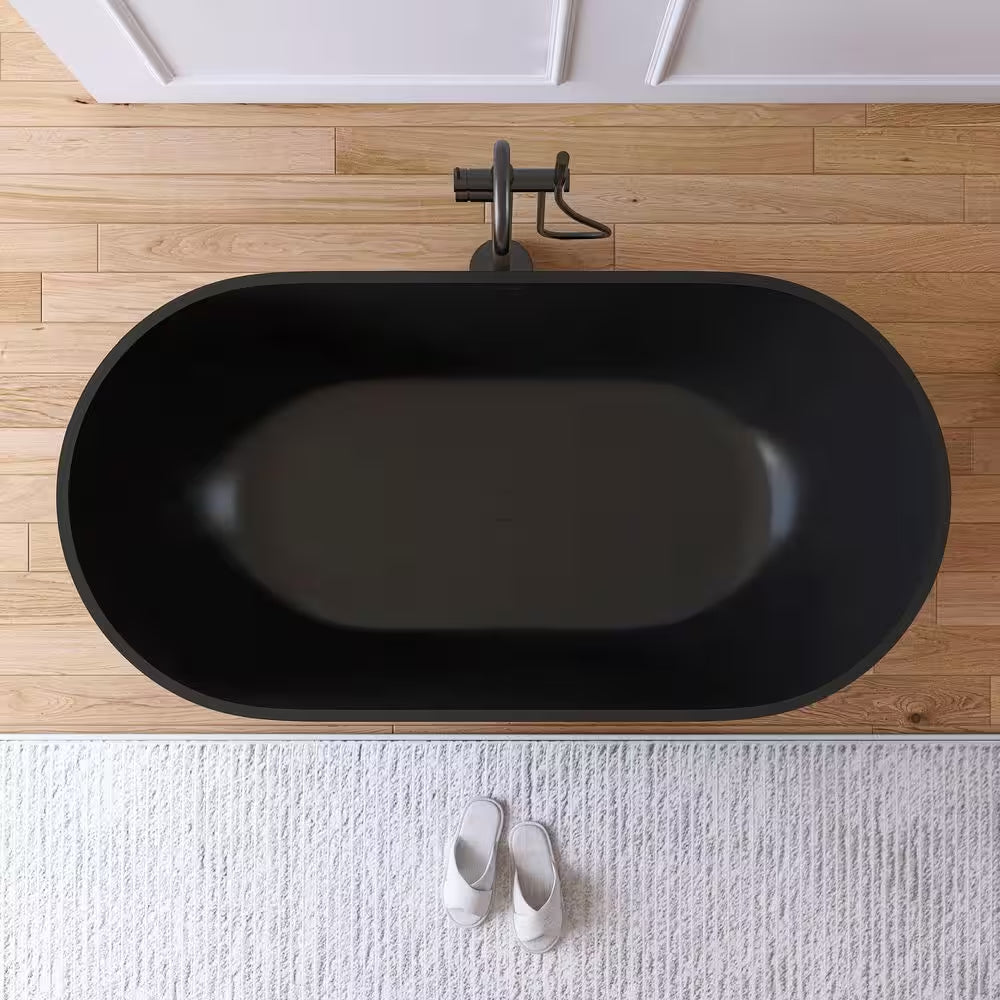 Ariana 59 In. X 29.5 In. Stone Resin Solid Surface Flatbottom Freestanding Soaking Bathtub in Black