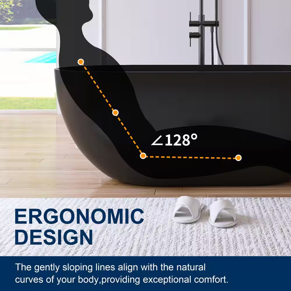Ariana 59 In. X 29.5 In. Stone Resin Solid Surface Flatbottom Freestanding Soaking Bathtub in Black