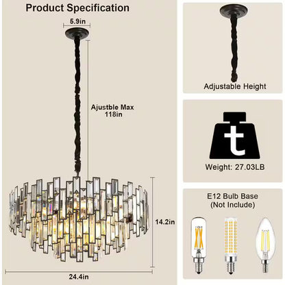 24 In. Modern Chandelier 10-Light 3-Tier Black round K9 Crystal Chandelier for Dining Room, Living Room Entryway & Foyer