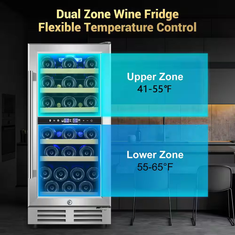 15 In. Dual Zone Built-In Wine Cooler 30-Bottle Cellar Cooling Unit in Stainless Steel with 6-Removable Shelves