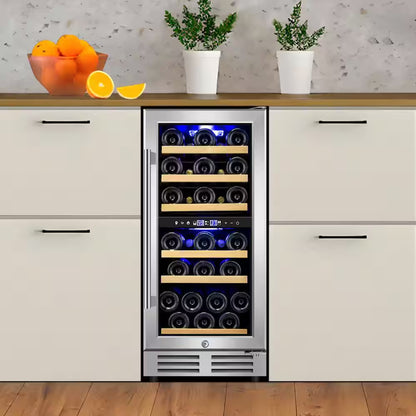 15 In. Dual Zone Built-In Wine Cooler 30-Bottle Cellar Cooling Unit in Stainless Steel with 6-Removable Shelves