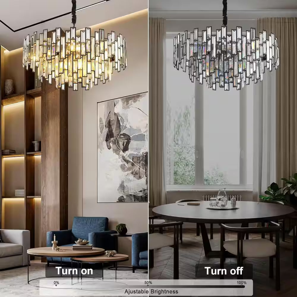 24 In. Modern Chandelier 10-Light 3-Tier Black round K9 Crystal Chandelier for Dining Room, Living Room Entryway & Foyer