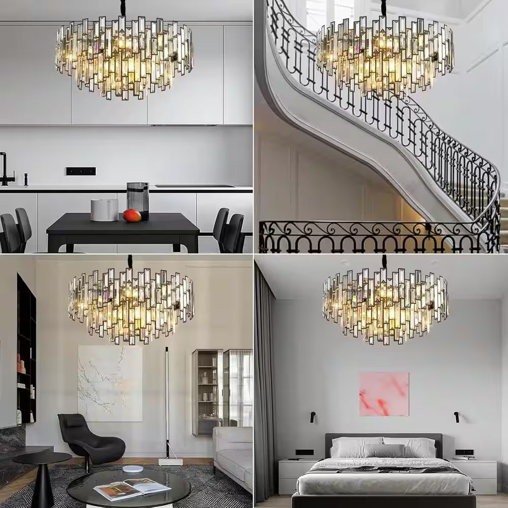 24 In. Modern Chandelier 10-Light 3-Tier Black round K9 Crystal Chandelier for Dining Room, Living Room Entryway & Foyer