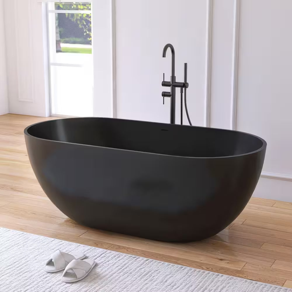 Ariana 59 In. X 29.5 In. Stone Resin Solid Surface Flatbottom Freestanding Soaking Bathtub in Black
