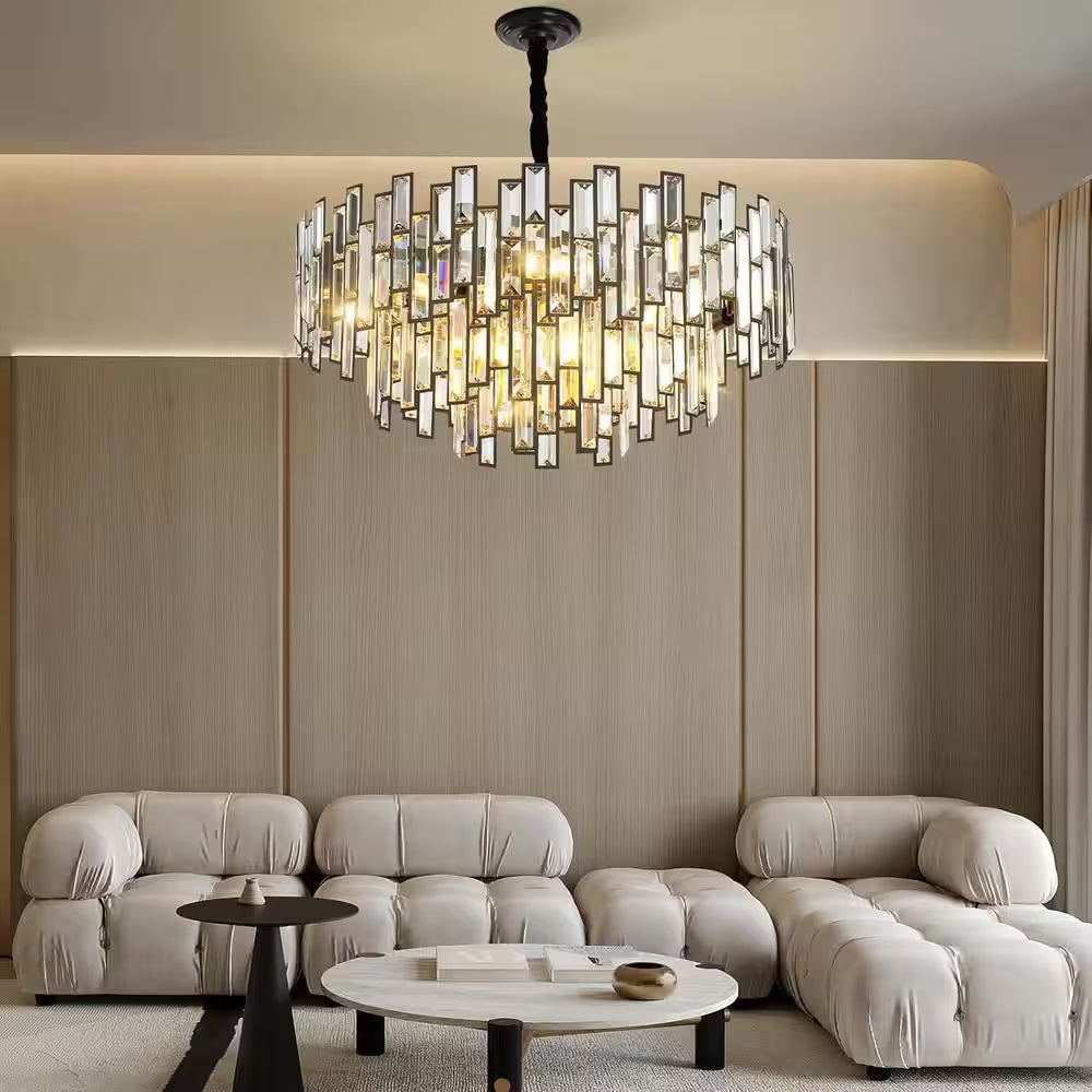 24 In. Modern Chandelier 10-Light 3-Tier Black round K9 Crystal Chandelier for Dining Room, Living Room Entryway & Foyer