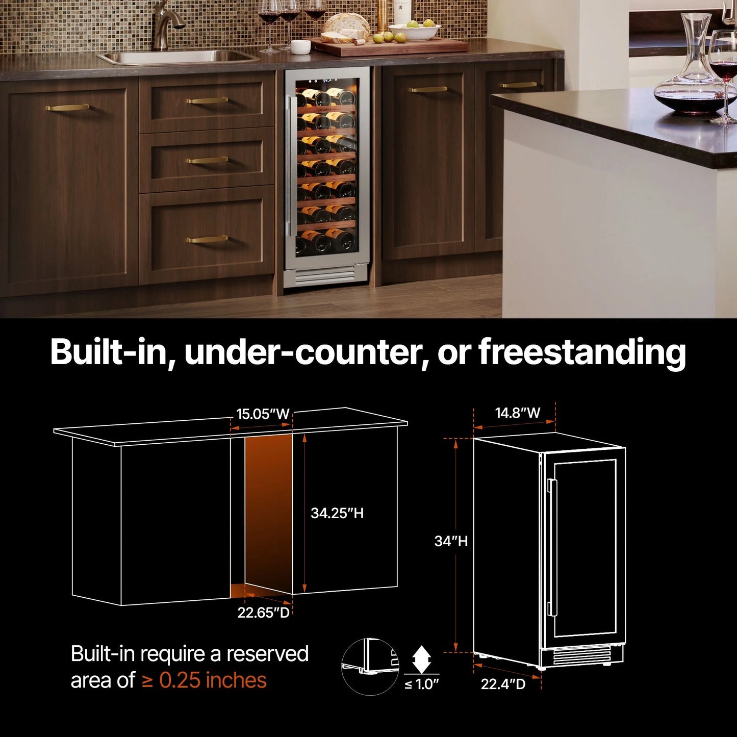 15 Inch Wine Cooler Refrigerator, 33 Bottle Wine Fridge with Glass Door Built-In & Freestanding Wine Cooler for Home/Office