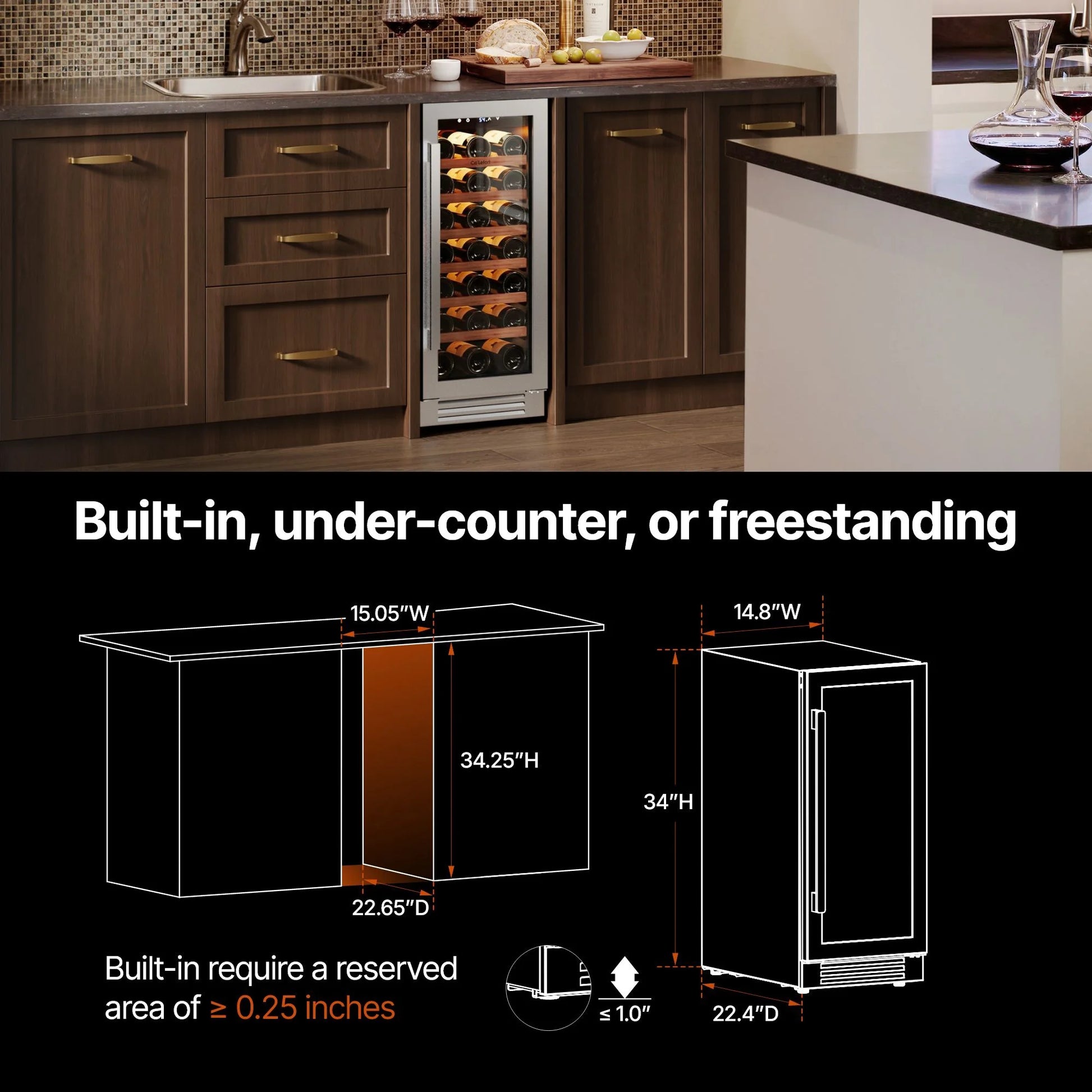 15 Inch Wine Cooler Refrigerator, 33 Bottle Wine Fridge with Glass Door Built-In & Freestanding Wine Cooler for Home/Office