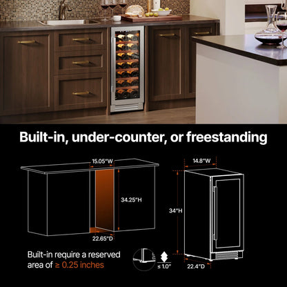 15 Inch Wine Cooler Refrigerator, 33 Bottle Wine Fridge with Glass Door Built-In & Freestanding Wine Cooler for Home/Office