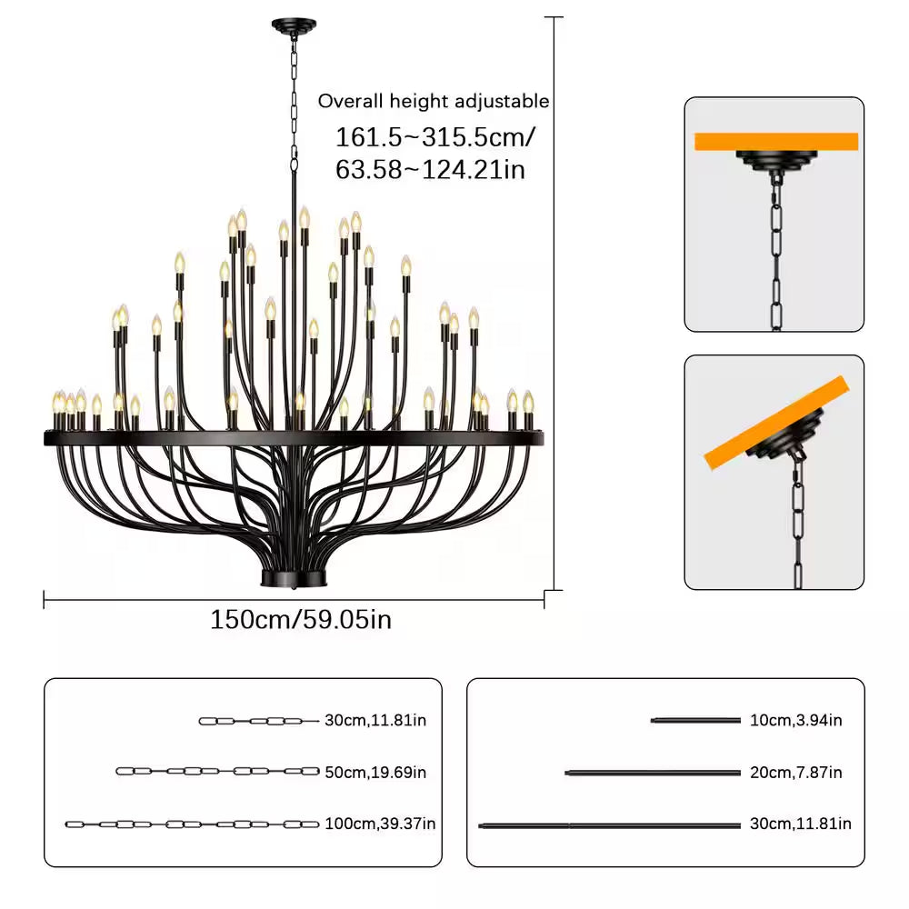 48 Light Large Black Candle Style Wagon Wheel Farmhouse Traditional Chandelier for High Ceilings Foyer Dining Room