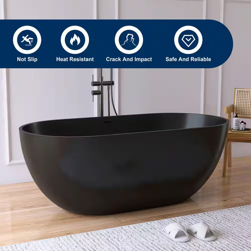 Ariana 59 In. X 29.5 In. Stone Resin Solid Surface Flatbottom Freestanding Soaking Bathtub in Black