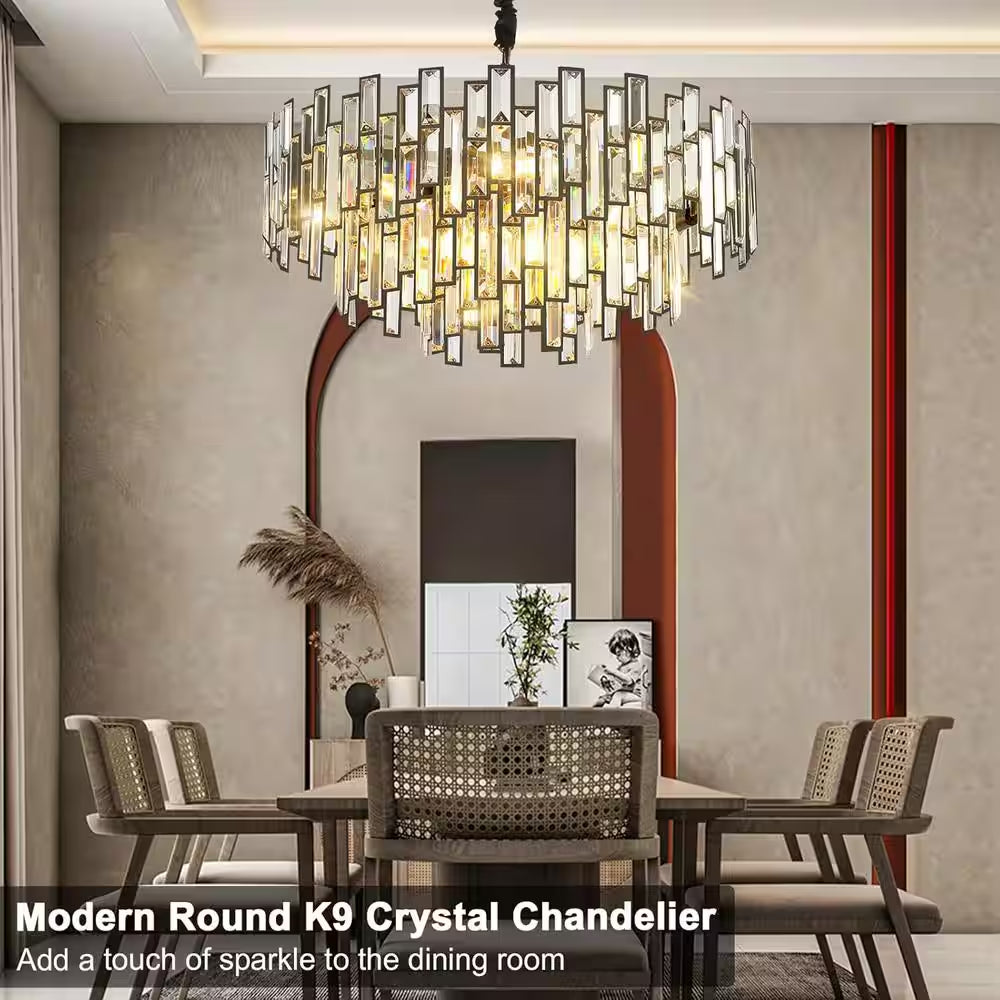 24 In. Modern Chandelier 10-Light 3-Tier Black round K9 Crystal Chandelier for Dining Room, Living Room Entryway & Foyer