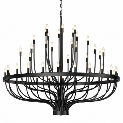 48 Light Large Black Candle Style Wagon Wheel Farmhouse Traditional Chandelier for High Ceilings Foyer Dining Room
