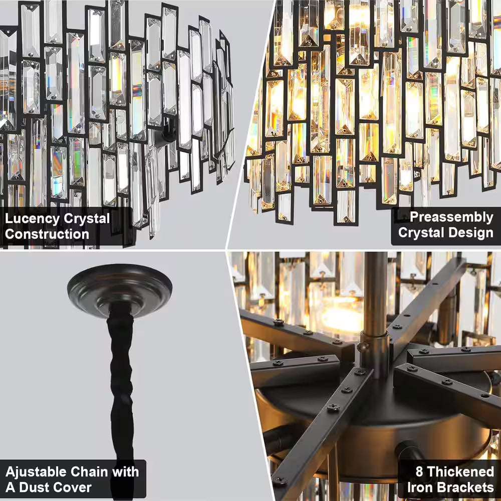 24 In. Modern Chandelier 10-Light 3-Tier Black round K9 Crystal Chandelier for Dining Room, Living Room Entryway & Foyer