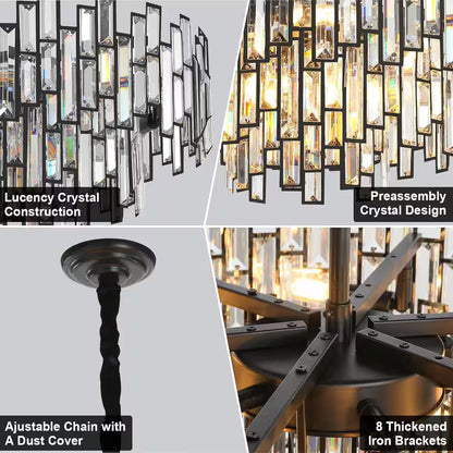 24 In. Modern Chandelier 10-Light 3-Tier Black round K9 Crystal Chandelier for Dining Room, Living Room Entryway & Foyer