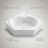 Malachite Series 82 In.X 62 In. Neo Angle Whirlpool Bathtub W/ Center Drain and V-Style Back Jets in Glossy Smooth White — infographic