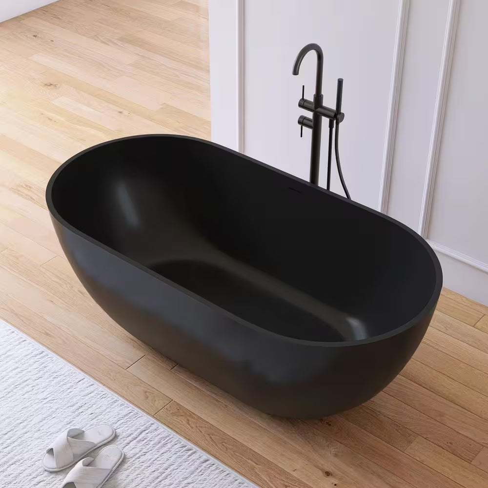 Ariana 59 In. X 29.5 In. Stone Resin Solid Surface Flatbottom Freestanding Soaking Bathtub in Black