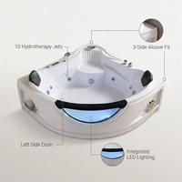 59" X 59" Acrylic Corner Whirlpool Bathtub - 10 Water Jets - Led Lights - Left Side Drain - 3-Side Alcove Install — infographic