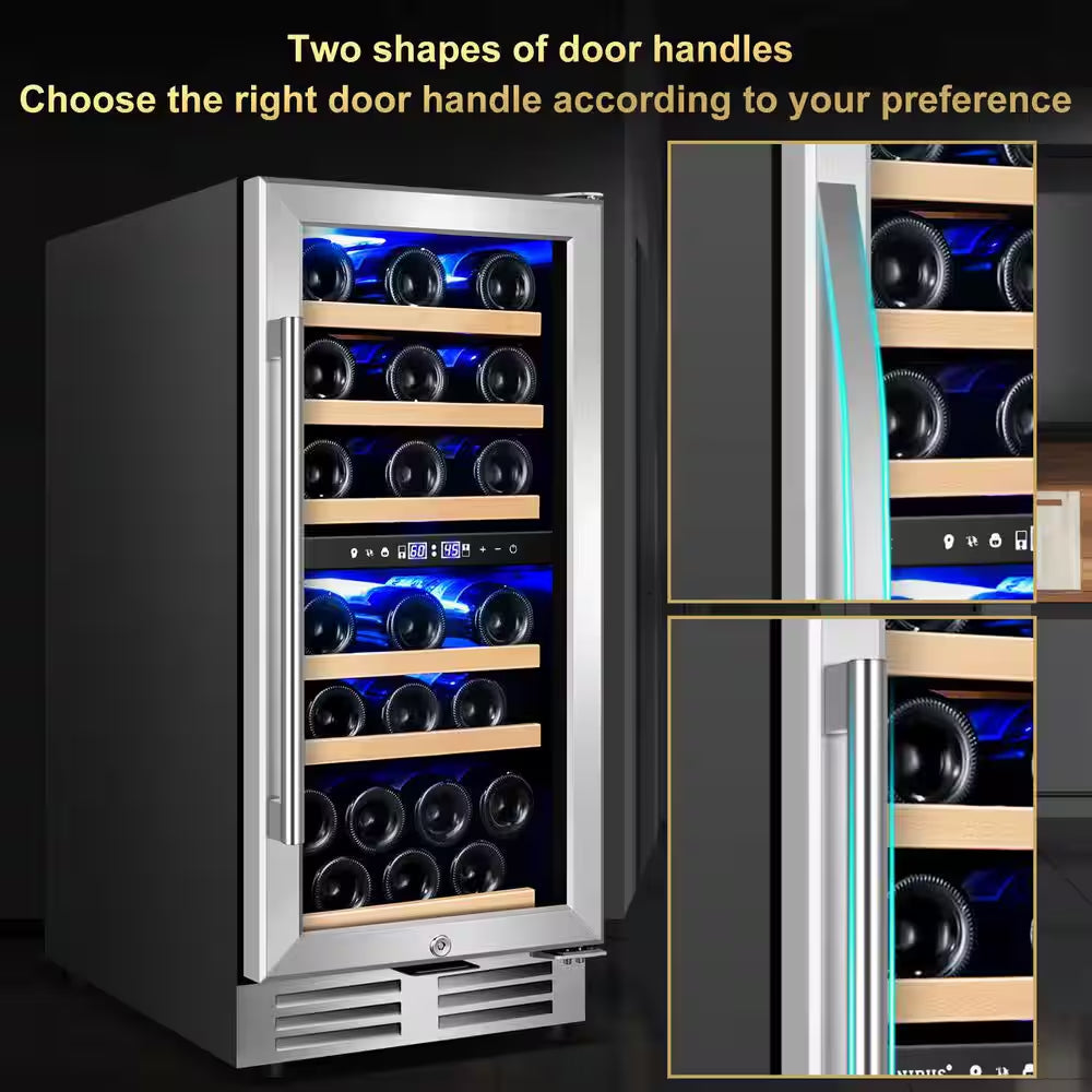 15 In. Dual Zone Built-In Wine Cooler 30-Bottle Cellar Cooling Unit in Stainless Steel with 6-Removable Shelves