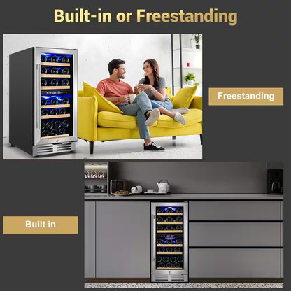 15 In. Dual Zone Built-In Wine Cooler 30-Bottle Cellar Cooling Unit in Stainless Steel with 6-Removable Shelves