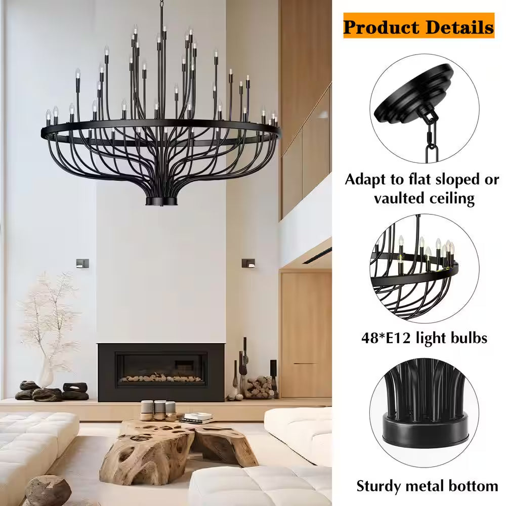 48 Light Large Black Candle Style Wagon Wheel Farmhouse Traditional Chandelier for High Ceilings Foyer Dining Room