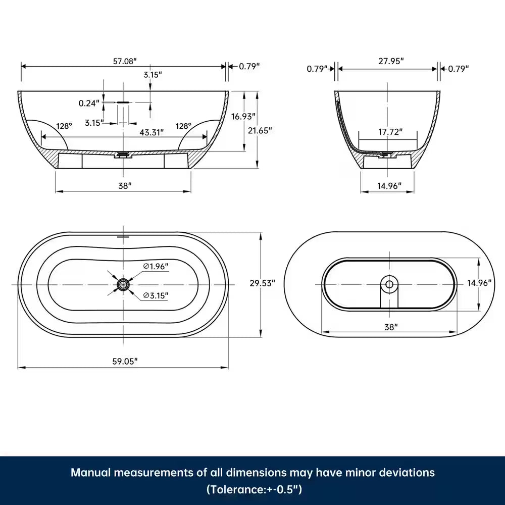 Ariana 59 In. X 29.5 In. Stone Resin Solid Surface Flatbottom Freestanding Soaking Bathtub in Black