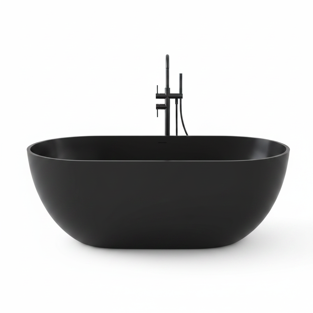 Ariana 59 In. X 29.5 In. Stone Resin Solid Surface Flatbottom Freestanding Soaking Bathtub in Black