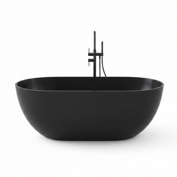 Ariana 59 In. X 29.5 In. Stone Resin Solid Surface Flatbottom Freestanding Soaking Bathtub in Black